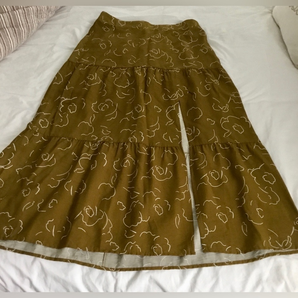 Nine West Olive/Brown Print Pull On MIDI Skirt Med Crinkle Boho w/matching tank